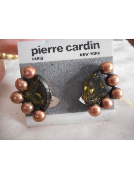 Pierre Cardan Jewelry - Vtg 1980s Abstract Earrings Clip on Costume jewelry Green Copper Pierre Cardin